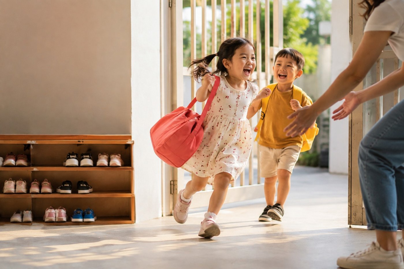 A child running home from school in Singapore