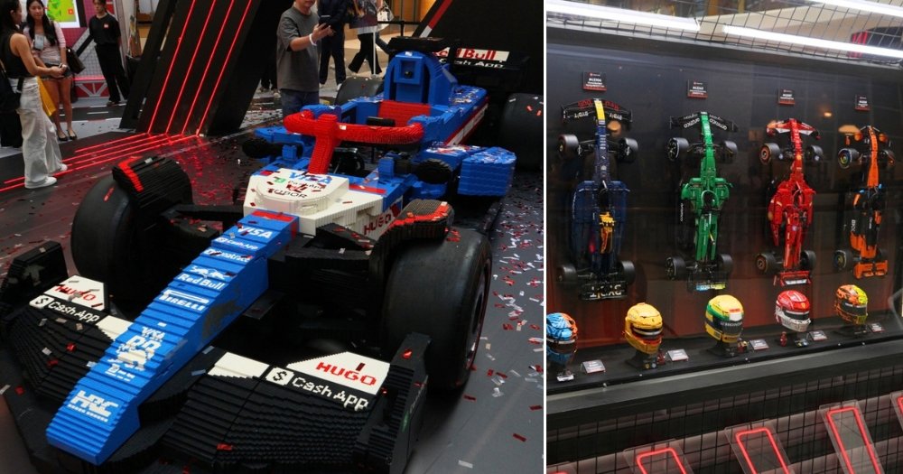 A life-sized Formula 1 car built from LEGO bricks in a mall atrium, beside a display case of smaller LEGO F1 cars and helmets