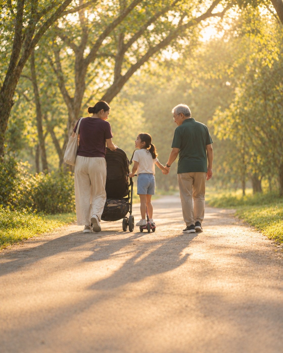 A family walking together on a park connector on a Saturday morning in Singapore