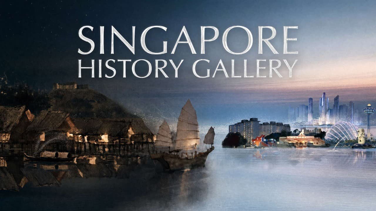Singapore History Gallery — a junk on the water at dusk, with the old shoreline on one side and the present-day city on the other