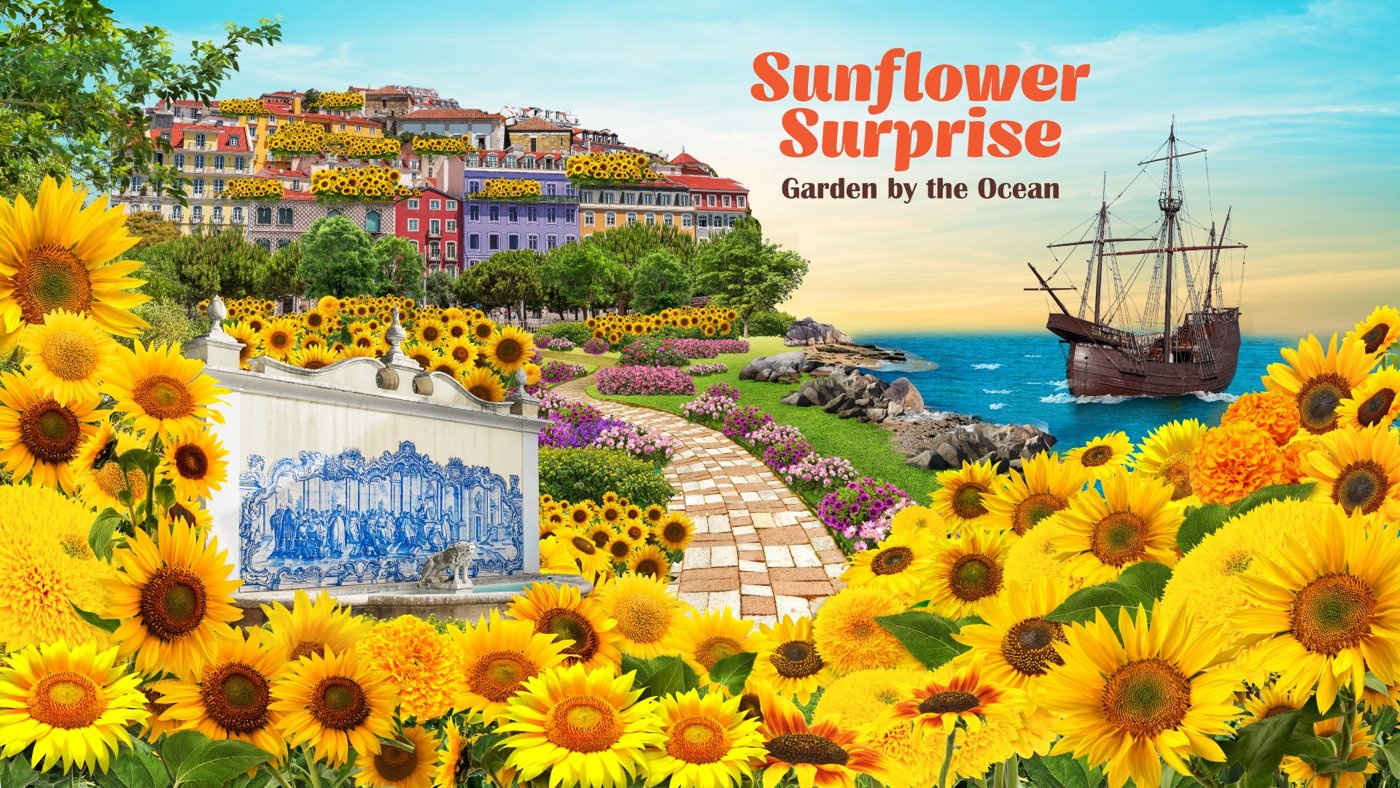 Sunflower Surprise: Garden by the Ocean — sunflowers, a Portuguese hillside town, azulejo tiles and a carrack under sail